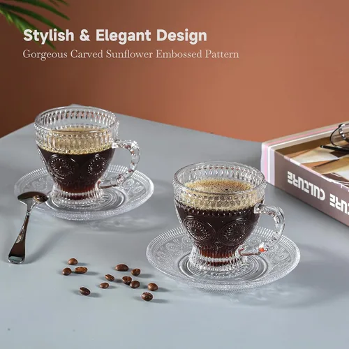 Miniatura 3 de Juego de 6 tazas de té y platillos de vidrio, tazas de café vintage con cuchara de acero inoxidable, aptas para lavavajillas y microondas, para jugo