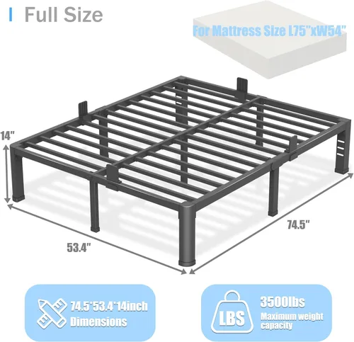 Miniatura 3 de Marco de cama de tamaño matrimonial con patas de esquinas redondas y agujeros para cabecero con tope para colchón de 14 pulgadas, plataforma