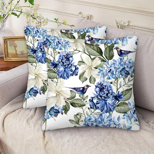 Miniatura 6 de Juego de 2 fundas de almohada de 18 x 18 pulgadas con diseño de acuarela de hortensias de pájaro, fundas de almohada decorativas de doble cara