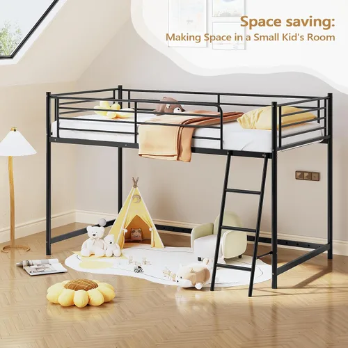 Miniatura 8 de Bonnlo Cama baja tipo loft tamaño individual, marco de cama individual de metal con escalera inclinada y barandillas de seguridad, diseño