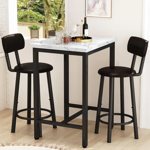 Miniatura 9 de Juego de mesa de comedor, mesa redonda de mármol sintético de 23.6 pulgadas con 2 sillas de respaldo tapizadas de poliuretano, juego de cocina