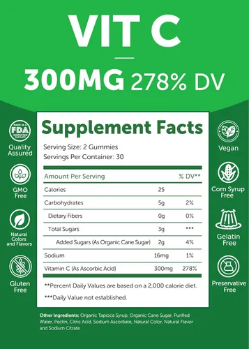 Miniatura 6 de Lunakai Paquete de gomitas multivitamínicas de vitamina C y para mujer, 300 mg orgánicas, sin OMG, suplemento masticable vegano – 100% valor diario