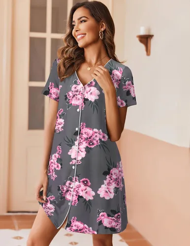 Miniatura 4 de Ekouaer Camisón de manga corta con botones para mujer, camisón suave con cuello en V