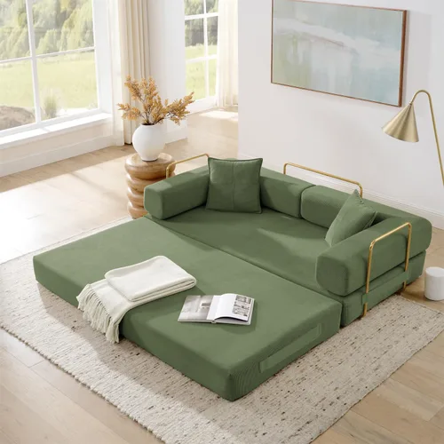 Miniatura 12 de Sofá cama plegable convertible 4 en 1, sofá de 78 pulgadas sin estructura rígida con marco de forma fija, sofá biplaza de pana con cama extraíble