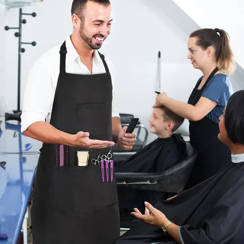 Miniatura 7 de Noverlife Hair Stylist Apron with 4 Pockets, Hair Resistant 34 Inch Long Hairdresser Aprons w/Adjustable Strap for Salon Delantal de peinado negro