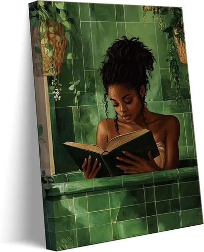Lienzo de mujer afroamericana, arte de pared de niña negra leyendo en el baño, imagen de arte de pared verde simplicidad mujer negra, póster de