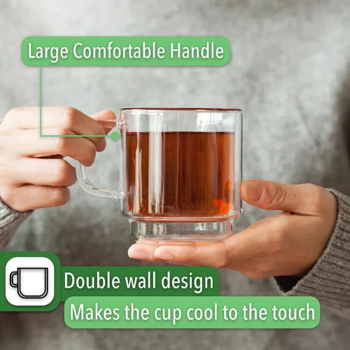 Miniatura 7 de BTAT - Tazas de café de vidrio apilables de doble pared, 8 onzas, juego de 4, tazas de café de vidrio con asa, taza de café transparente aislada