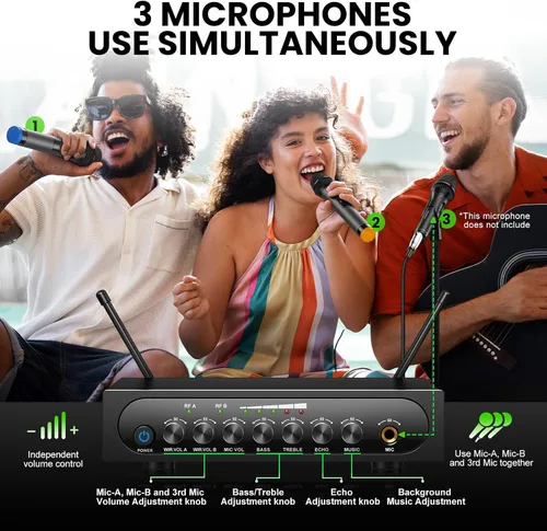Miniatura 2 de Sistema de micrófono inalámbrico Micrófono dinámico inalámbrico UHF Micrófono de mano inalámbrico de doble canal con Echo Bluetooth Control