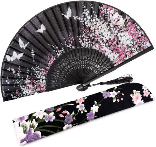Miniatura 20 de Abanico plegable de seda y bambú, 8.27 pulgadas (21 cm), estilo retro, vintage, elegante y encantador, chino/japonés, regalo para mujeres y niñas