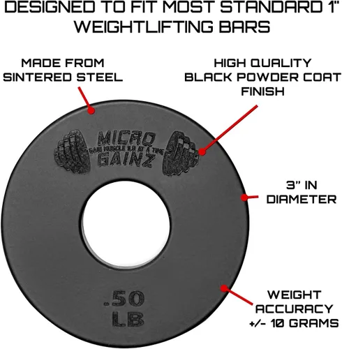 Miniatura 2 de Micro Gainz 1-Inch Center Hole Standard Fractional Weights Plates Set, 8 Piece Dumbbell & Barbell Set of .50LB Plates for Strength Training and Negro