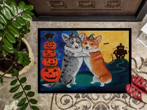 Miniatura 2 de Caroline's Treasures 7413MAT Corgi - Felpudo de Halloween Scare de 18 x 27 pulgadas, tapete para puerta delantera, interior y exterior