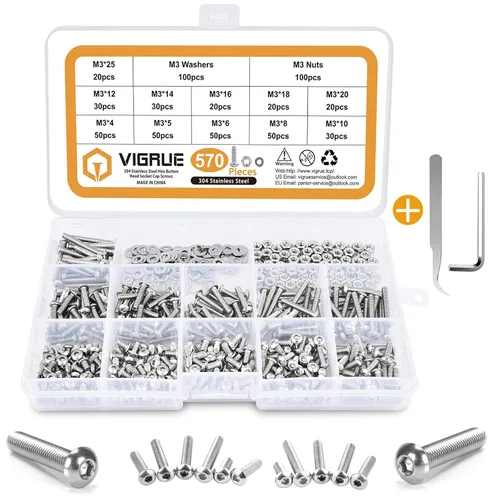 Miniatura 13 de VIGRUE Juego de 1110 tornillos y tuercas M3 con cabeza hexagonal, M3 x 4/5/6/8/10/12/14/16/18/20/25/30mm, juego de tornillos de acero inoxidable