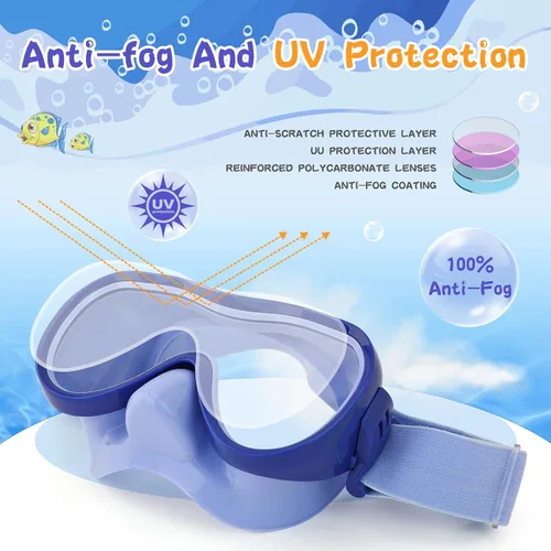 Miniatura 3 de Máscara de snorkel para niños, máscara de buceo de 180° con cubierta para la nariz, gafas de natación antiniebla para niños con correa de tela Azul