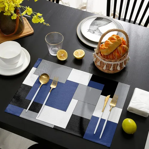 Miniatura 4 de Juego de 4 manteles individuales geométricos abstractos para comedor, mesa de comedor, color azul de mediados de siglo, nórdico, lavables