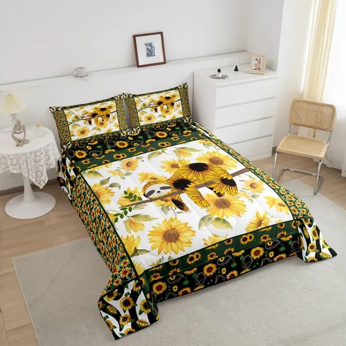 Miniatura 3 de Manfei - Juego de edredón de tamaño Queen con lindo diseño de perezoso, juego de colcha con flores amarillas con 2 fundas de almohada, juego de ropa
