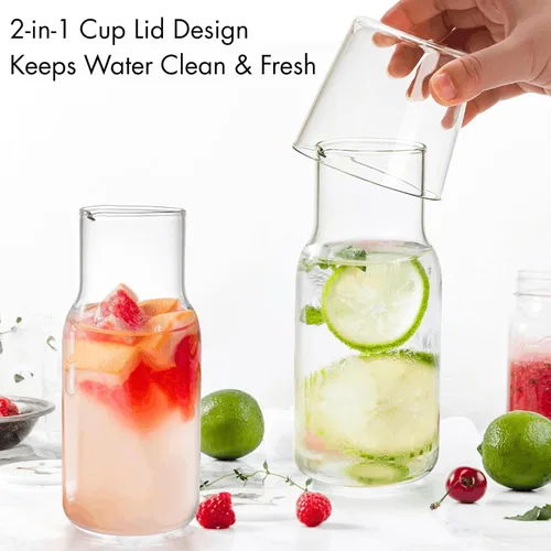 Miniatura 3 de YOUEON Juego de 2 jarras de agua y vasos de 17 onzas, jarra de agua para mesita de noche con tapa de taza, botella de jugo y enjuague bucal