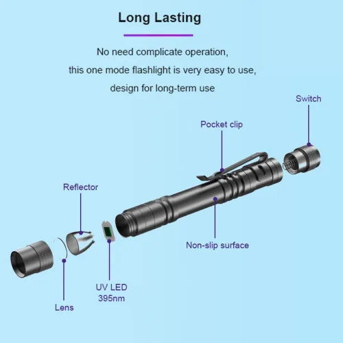 Miniatura 7 de COSOOS Linterna de luz negra UV, 395 nm mini luz de bolígrafo con clip, linterna ultravioleta impermeable para fugas, orina de mascotas, escorpión
