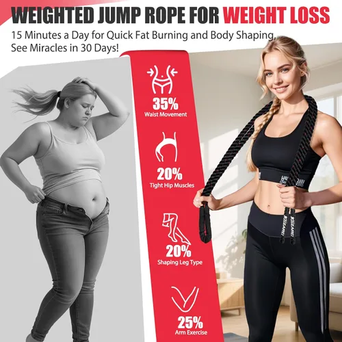 Miniatura 5 de KUZARO Cuerda de saltar, Cuerda de saltar con peso para mujeres, Cuerdas de saltar pesadas para fitness, Equipo de ejercicio para gimnasio en casa