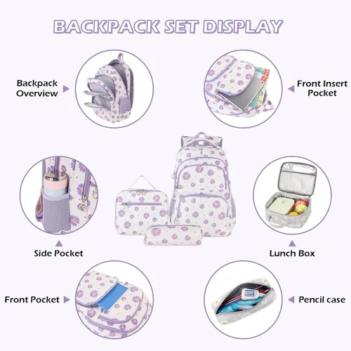 Miniatura 47 de goldwheat Mochilas impresas margaritas con paquete de almuerzo, estuche de lápices 3pcs, bolsa ligera resistente al agua para la escuela secundaria