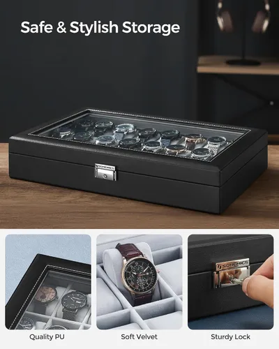 Miniatura 4 de SONGMICS 24 organizador y exhibidor negro de calidad superior, de vidrio, con funda para reloj, de piel sintética UJWB024