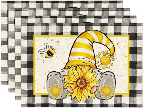 Artoid Mode Buffalo - Juego de 4 manteles individuales de verano con diseño de gnomo, abeja, girasol, 12 x 18 pulgadas, para decoración de fiestas,