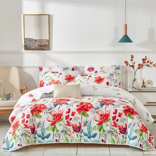 Miniatura 2 de UOZZI BEDDING - Juego de colcha reversible de 3 piezas, tamaño king, diseño floral, color blanco, rojo, verde y multicolor, suave microfibra ligera