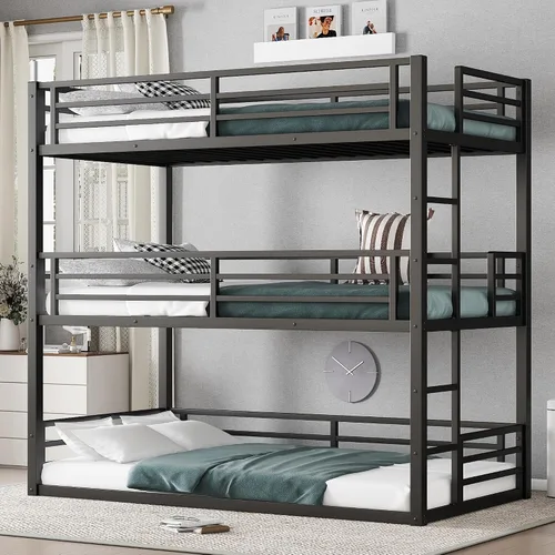 Anwick - Litera de metal, litera triple para niños, adolescentes, adultos, niñas, niños, litera desmontable que se puede dividir en 3 camas Negro