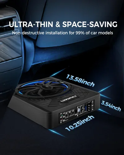 Miniatura 3 de Subwoofer para automóvil de 1200 W de 10 pulgadas, subwoofer delgado y paquete de amplificador, entrada de nivel alto/bajo, subwoofer de audio