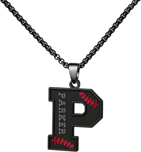 Miniatura 37 de Ldurian Collar personalizado con nombre de béisbol, cadena negra de acero inoxidable, collar con nombre deportivo, letra A-Z de 24 pulgadas, regalos