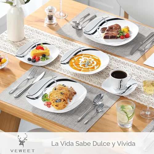 Miniatura 3 de VEWEET, Serie Fiona - Juego de vajilla de 30 piezas para 6 personas, blancos con rayas negras y grises, vajilla de porcelana de platos de postre