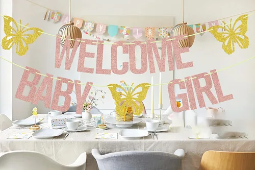Miniatura 6 de Cartel de bienvenida para niña, decoración de fiesta de baby shower con temática de mariposa, letrero de "It's a Girl", suministros para fiesta