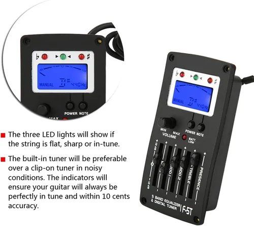 Miniatura 4 de Tbest Preamplificador de guitarra, ecualizador de preamplificador de guitarra, sintonizador digital F 5T 5 bandas, pastilla de sintonizador digital