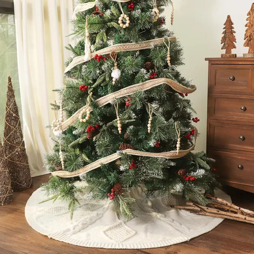 Miniatura 5 de Falda de árbol de Navidad de 48 pulgadas: Falda de árbol de punto de cable trenzado en diamante para árbol de 7.5 pies, falda de árbol blanco crema
