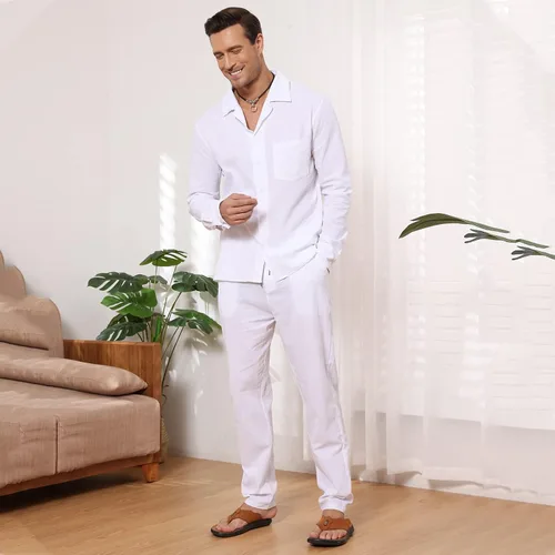 Miniatura 3 de EndoraDore Men's Outfits Linen Button Down Long Sleeve Shirt And Casual Beach Drawstring Waist Pants 2 Piece Set