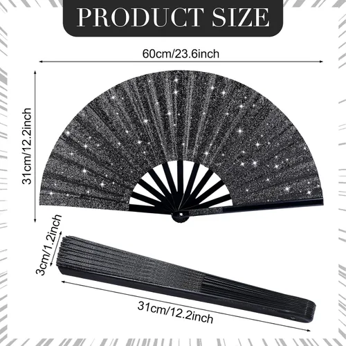 Miniatura 2 de Thyle Abanico grande con purpurina para bailar en línea, 6 unidades, color negro, aplaudiendo, regalos de fiesta, regalo para festivales Edm