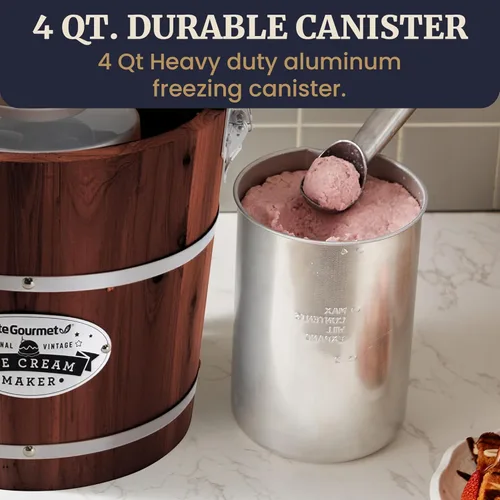 Miniatura 6 de Elite Gourmet EIM418 Máquina para hacer helados eléctrica con cubeta de nogal vintage de 4 cuartos estilo antiguo, utiliza hielo y sal de roca