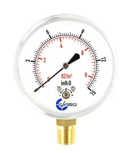 Diafragma baja presión cápsula manómetro, 2-1/2" dial, 0-8 oz/0-15in H2O Rango, 1/4" NPT montaje inferior, caja de acero cromado, internos de latón,