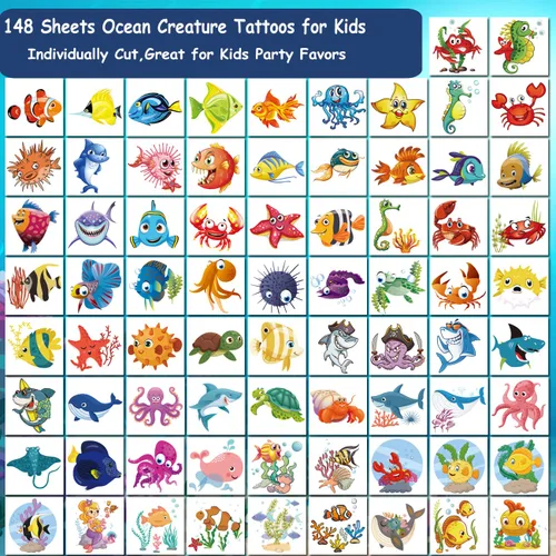 Miniatura 2 de CHARLENT 148 tatuajes temporales de animales oceánicos para niños, tatuajes individuales de criaturas marinas para niños y niñas, regalos de fiesta