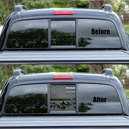 Miniatura 3 de Adhesivo de vinilo para Ford F150 F250 F350 2004-2014 para ventana trasera trasera media con bandera estadounidense, color negro mate Mountain