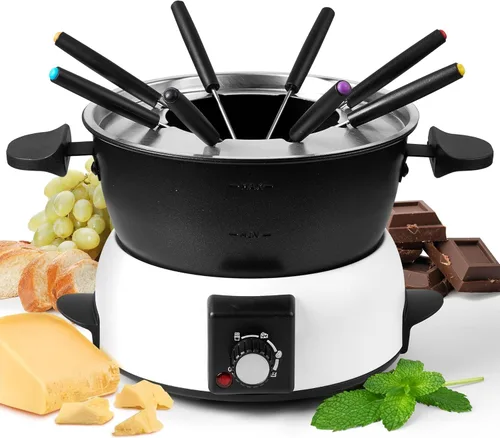 Juego de Olla Eléctrica para Fondue de 3 Cuartos – Olla de Fondue de Acero Inoxidable con 8 Tenedores Codificados por Colores, Control de
