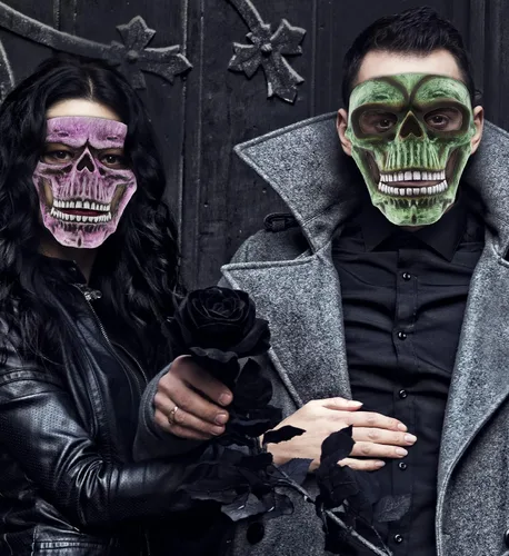Miniatura 7 de Máscara de esqueleto, disfraz de calavera Steampunk, accesorio de disfraz de cara completa para Halloween, fiestas y eventos de terror Verde