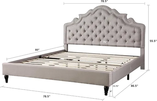Miniatura 3 de HomeLife Premiere Classics 023 - Cama de plataforma con cabecero de tela gris claro y plateado, 51 pulgadas de alto, con listones