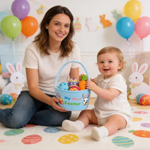 Miniatura 4 de Juego de 5 cestas de peluche para conejito de Pascua, cubos de Pascua con huevos de Pascua, cesta de caza para regalos de fiesta de Pascua, bolsas