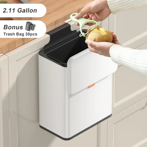Miniatura 2 de Mbillion Cubo de basura colgante de compostaje de cocina con tapa, de acero inoxidable, de 2.1 galones, para armario de cocina, cubo de basura Blanco
