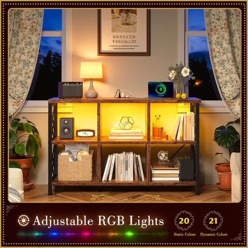 Miniatura 3 de DurayLoly Organizador de almacenamiento de 6 cubos con luz LED y estación de carga, estante de cubos de madera y metal, estante de libros horizontal