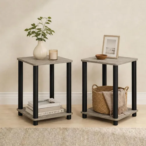 Miniatura 36 de Furinno Mesa de Noche Simplista, Mesita de Noche Pequeña de 2 Niveles con Estante Abierto, Mesa de Cabecera de Montaje sin Herramientas, Mesa