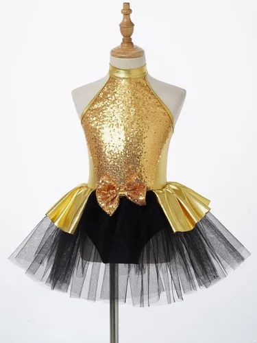 Miniatura 113 de CHICTRY Vestido tutú de ballet con lentejuelas brillantes para niñas y niñas, moderno disfraz de baile latino de jazz