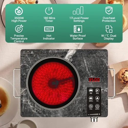 Miniatura 2 de 3500W Single Ceramic Hob with Marble Finish, Portable Infrared Hot Plate with Rotary Control, Safety Lock & Timer, Electric Cooker Compatible with