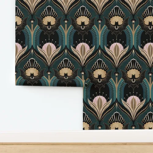 Miniatura 4 de Muestra de Papel Pintado de Pelar y Pegar Spoonflower - Elegante Art Deco Murciélagos Flores Azul Verde Oro Negro Rosa 1920S Opulento Maximalista
