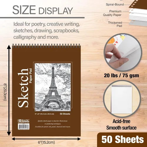 Miniatura 2 de BAZIC - Bloc de bocetos de 50 hojas de 6 x 8 pulgadas, cuaderno de bocetos en espiral encuadernado en la parte superior, libro para colorear para 50